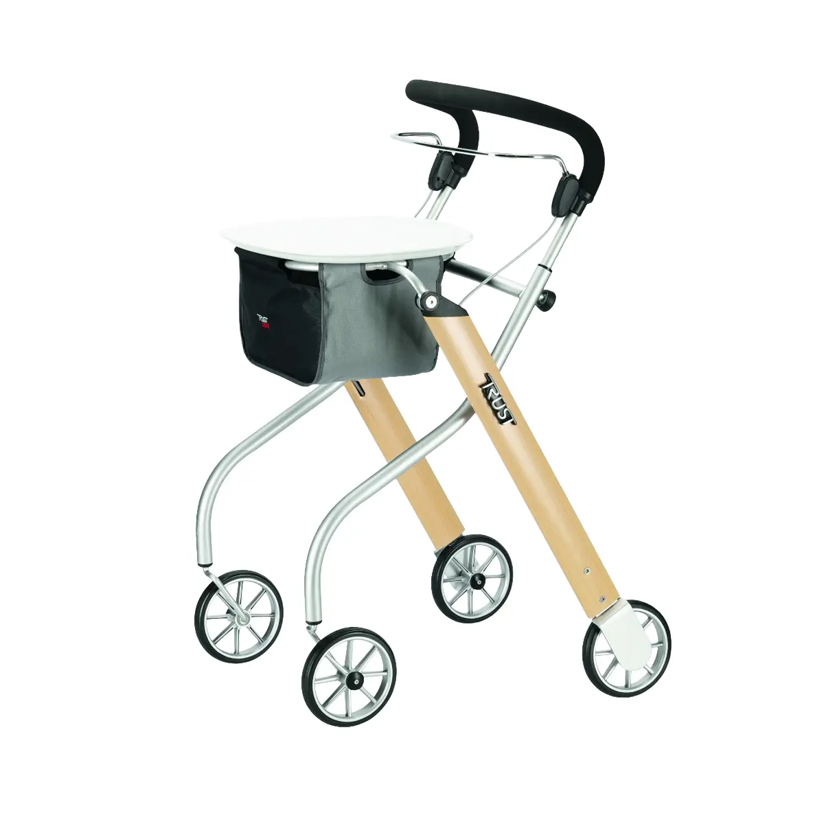 Rollator "Let's Go" mit silbernem Metallrahmen, Holzelementen, vier Rädern, gepolsterten Griffen, Sitzfläche und schwarzer Tasche für leichtes Navigieren.