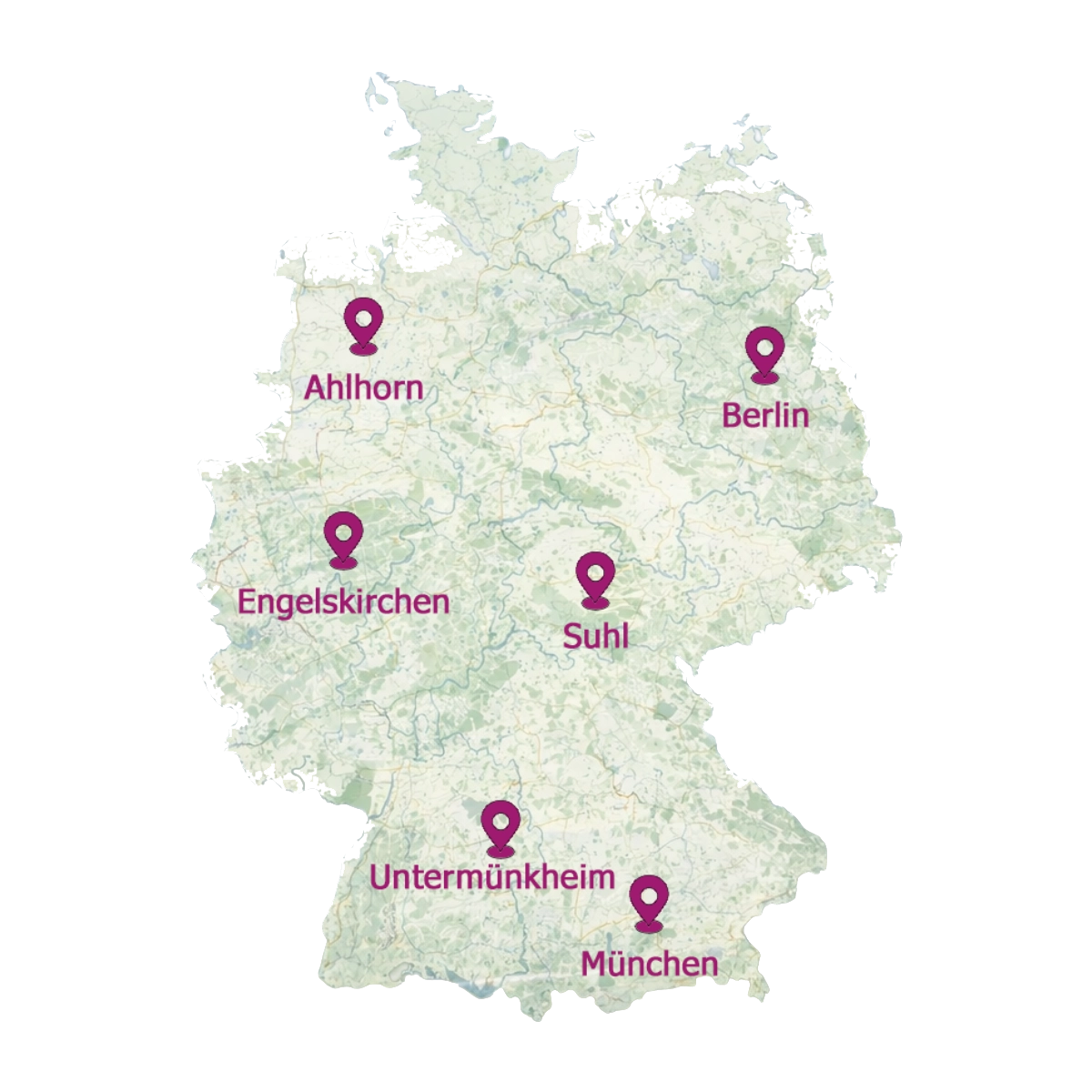 Karte mit Lieferzonen in Deutschland; Standorte: Ahlhorn, Berlin, Engelskirchen, Suhl, Untermünkheim, München in lila markiert.