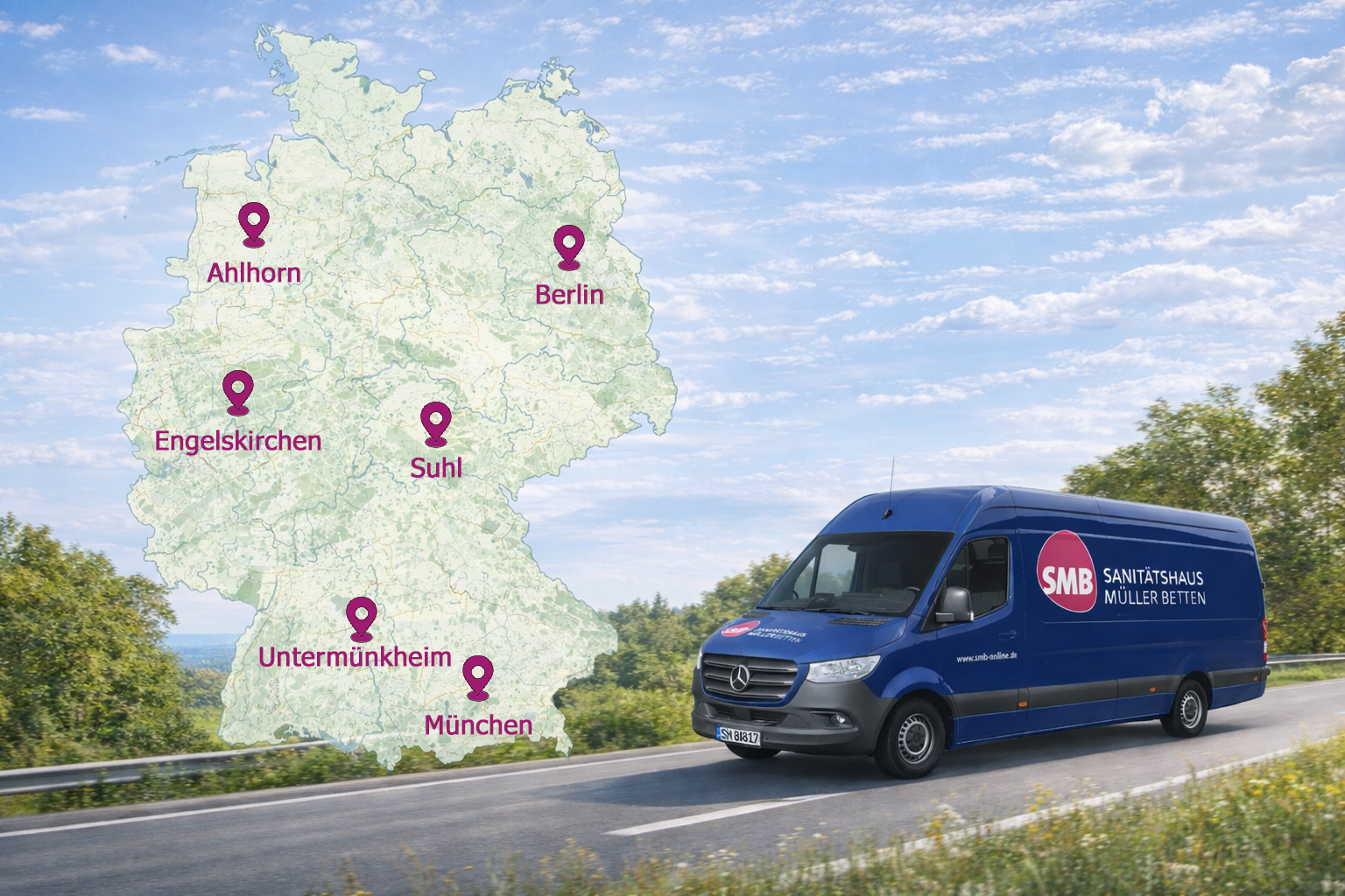 Lieferwagen von Sanitätshaus Müller Betten vor Landkarte von Deutschland mit markierten Städten: Berlin, Ahlen, Engelskirchen, Suhl, Untermünkheim, München.