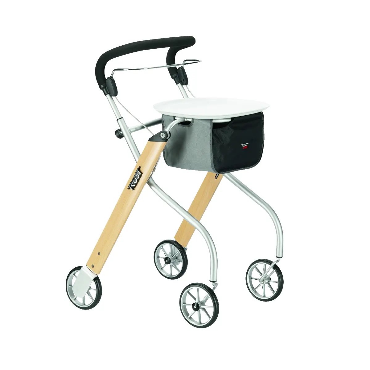Rollator "Let's Go" aus Holz und Silber mit vier Rädern, schwarzem Sitz, silbernem Rahmen und schwarzem Griff, ideal für Mobilität und Stil.